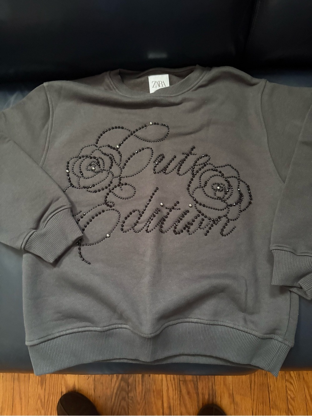 Zara Dark Gray Beaded Floral Script Sweatshirt